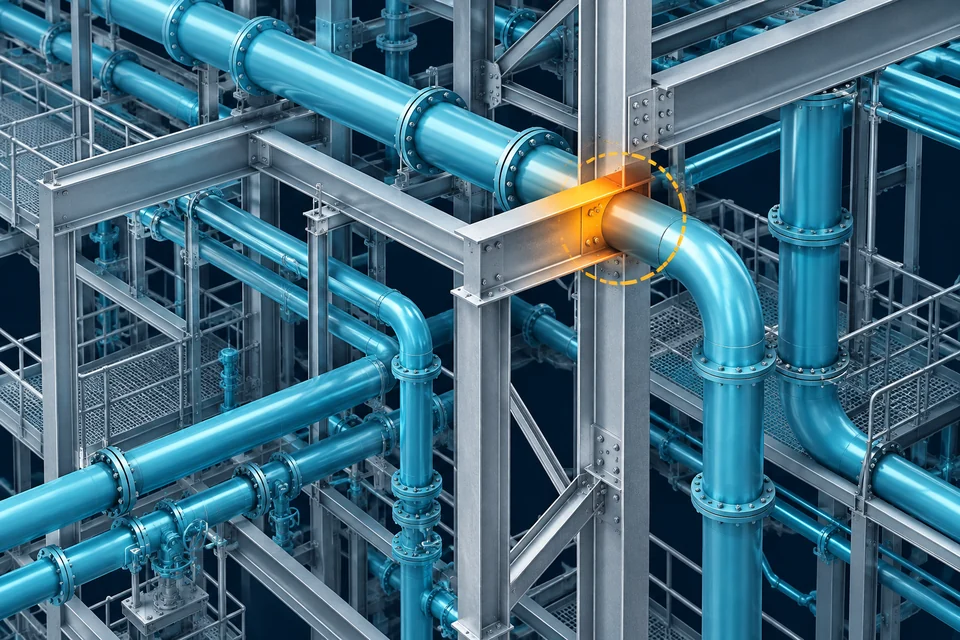 Digital piping and steel model with an amber clash review marker