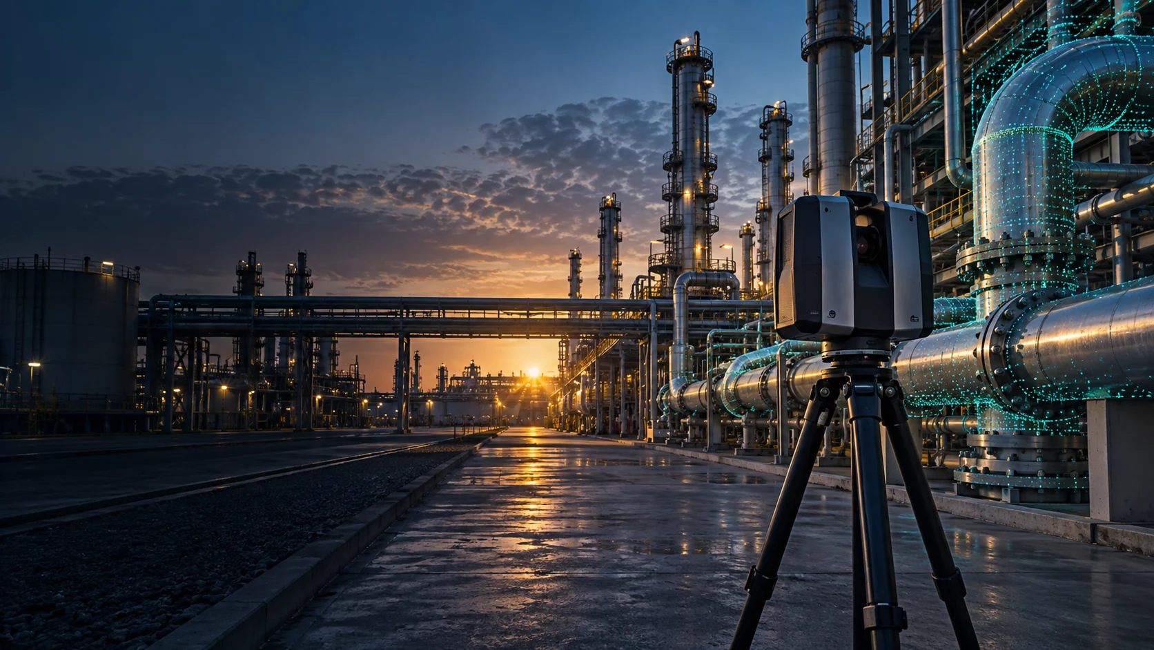 Conceptual laser scanning at a petrochemical facility with a digital point cloud overlay