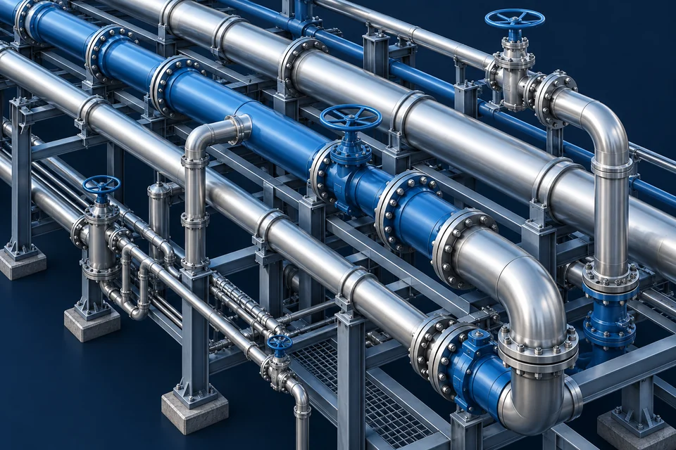 Three-dimensional industrial piping and valves on a rack
