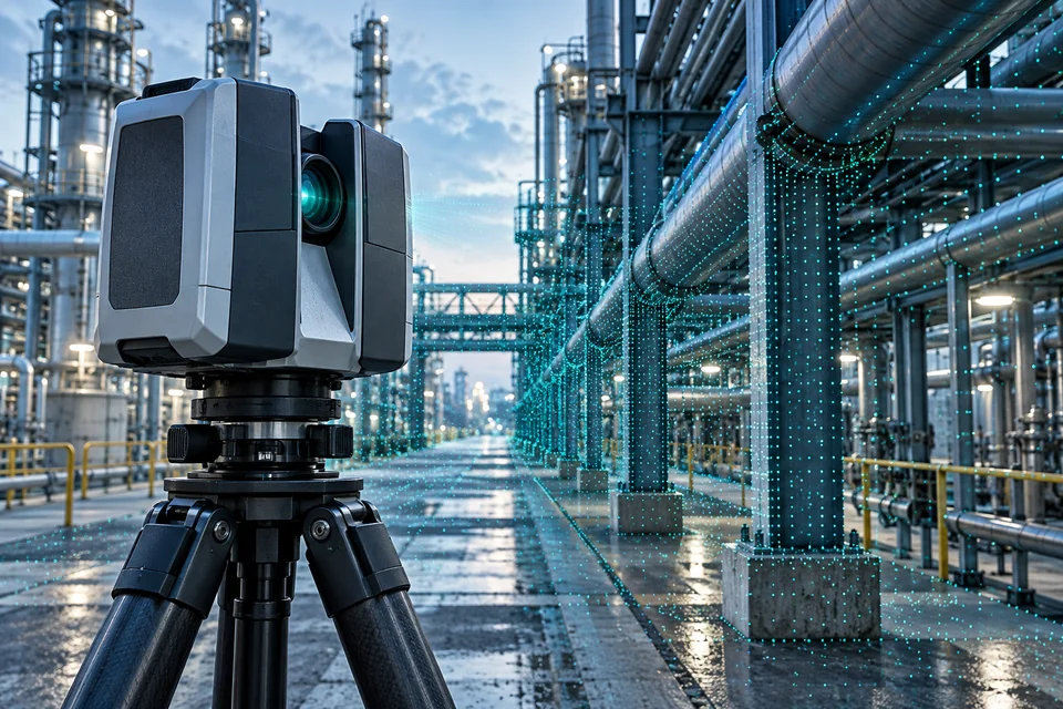 A terrestrial laser scanner surveying an industrial pipe corridor