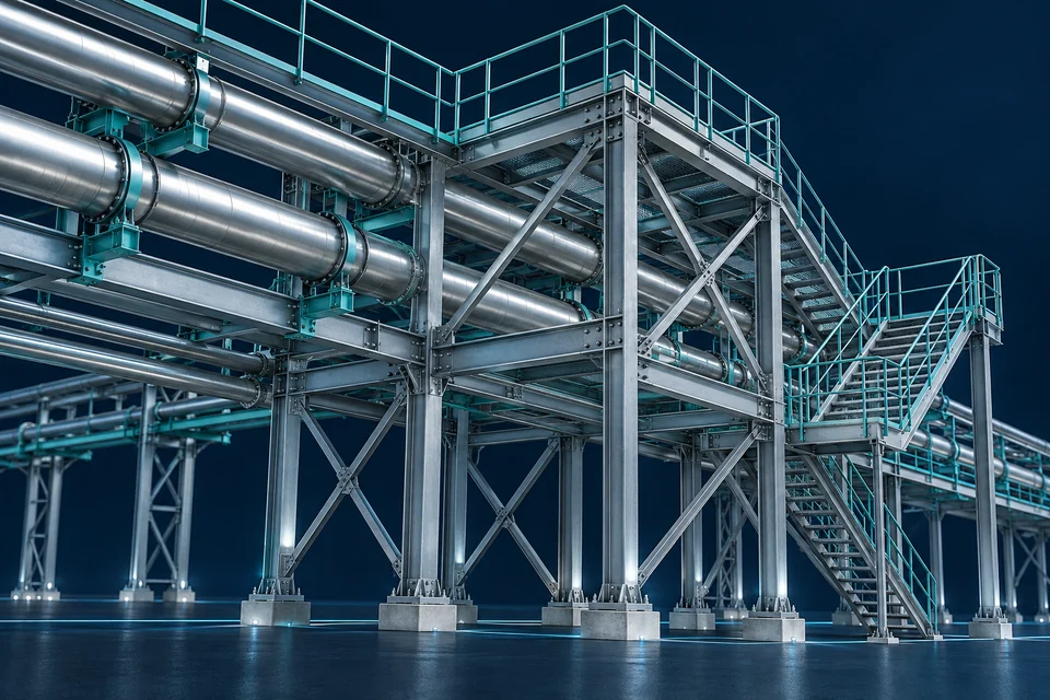 Structural steel pipe rack and access platform with bracing